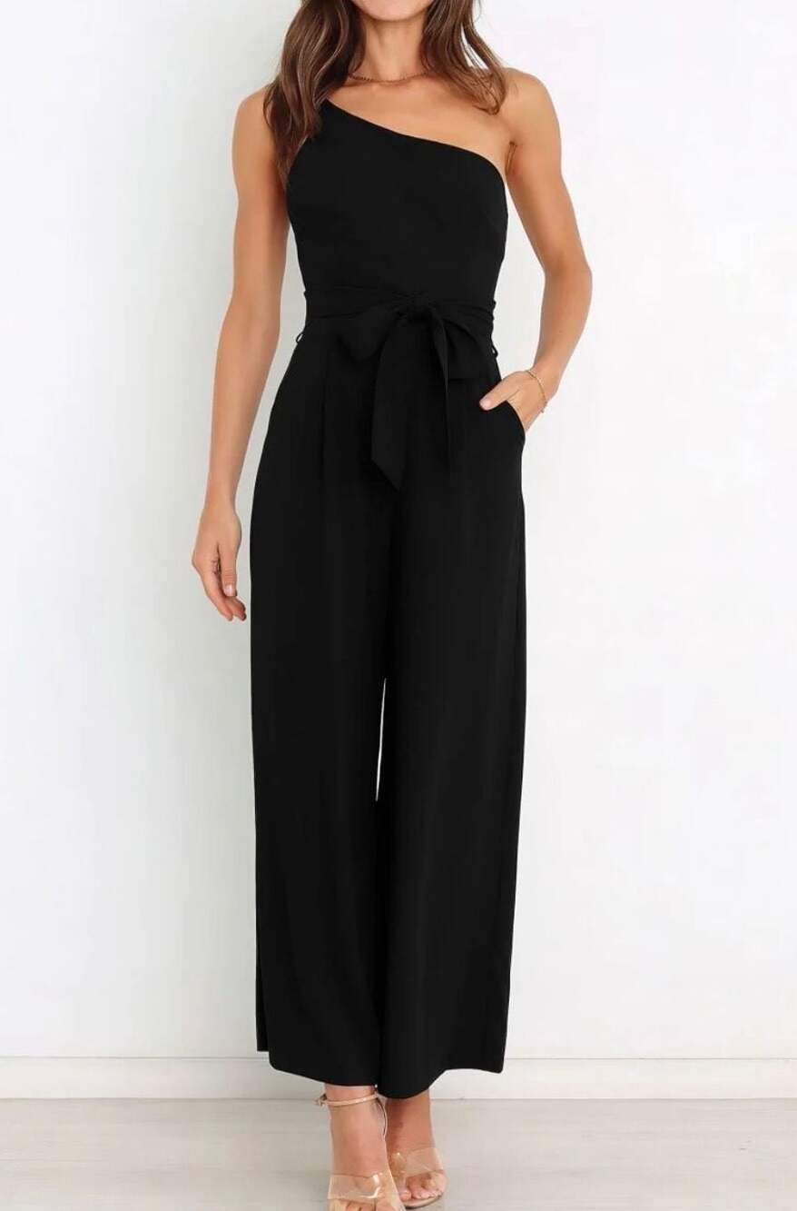 Anrabess One Shoulder Wide Leg Linen Blend Jumpsuit Black Size M
